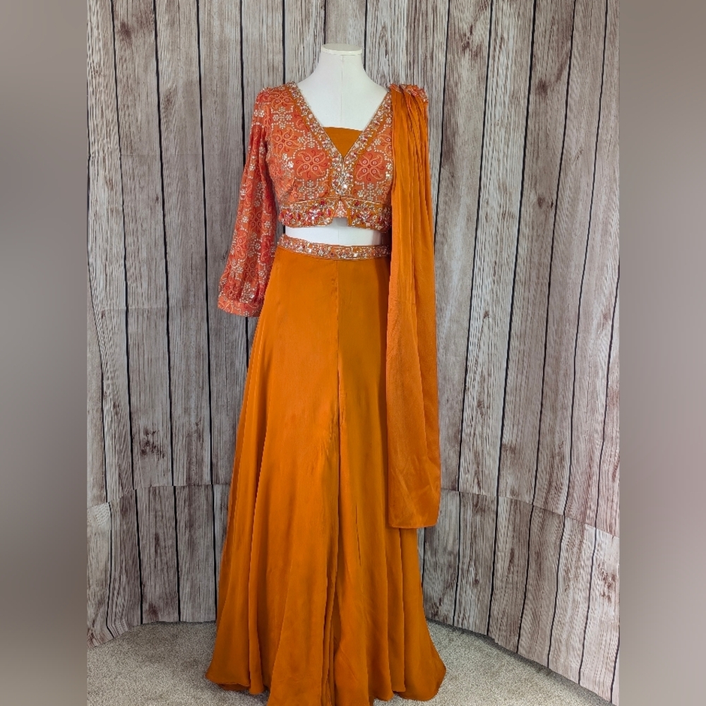 Orange Long Sleeves Crop Top, Palazzo and dupatta Set for Wedding Events - Picture 16 of 16